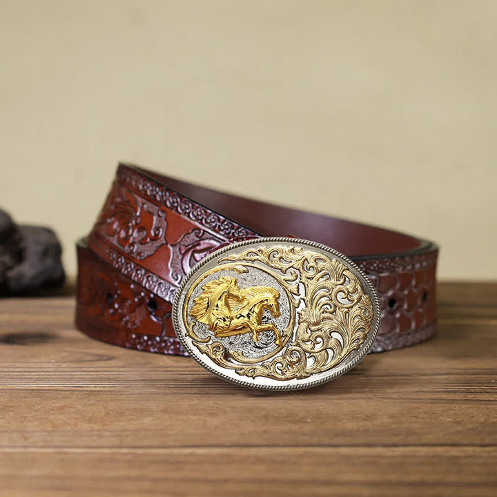 Ceinture en cuir à boucle tête de cheval dorée de luxe pour homme