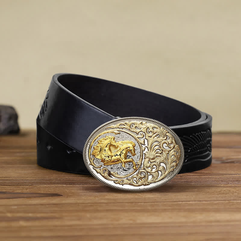 Ceinture en cuir à boucle tête de cheval dorée de luxe pour homme