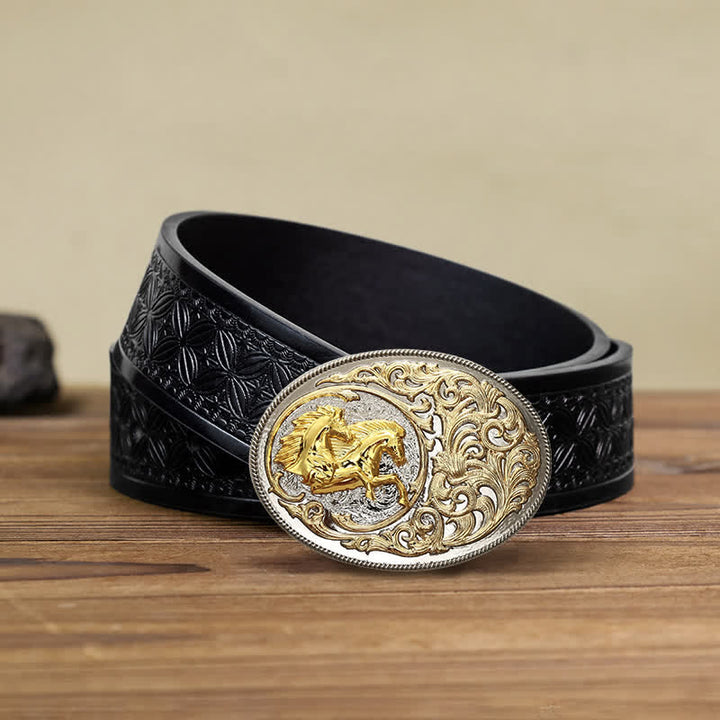 Ceinture en cuir à boucle tête de cheval dorée de luxe pour homme