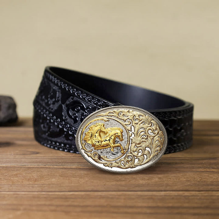 Ceinture en cuir à boucle tête de cheval dorée de luxe pour homme