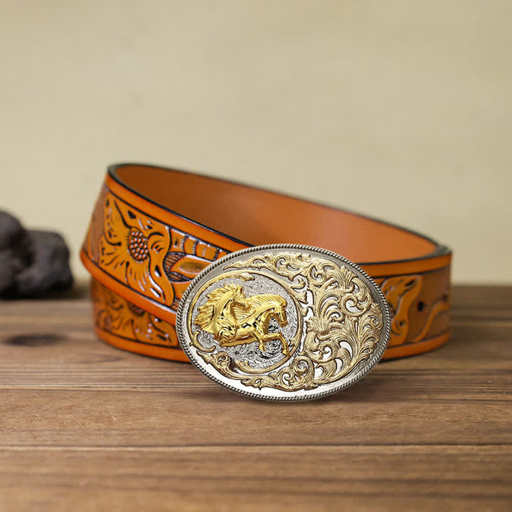 Ceinture en cuir à boucle tête de cheval dorée de luxe pour homme