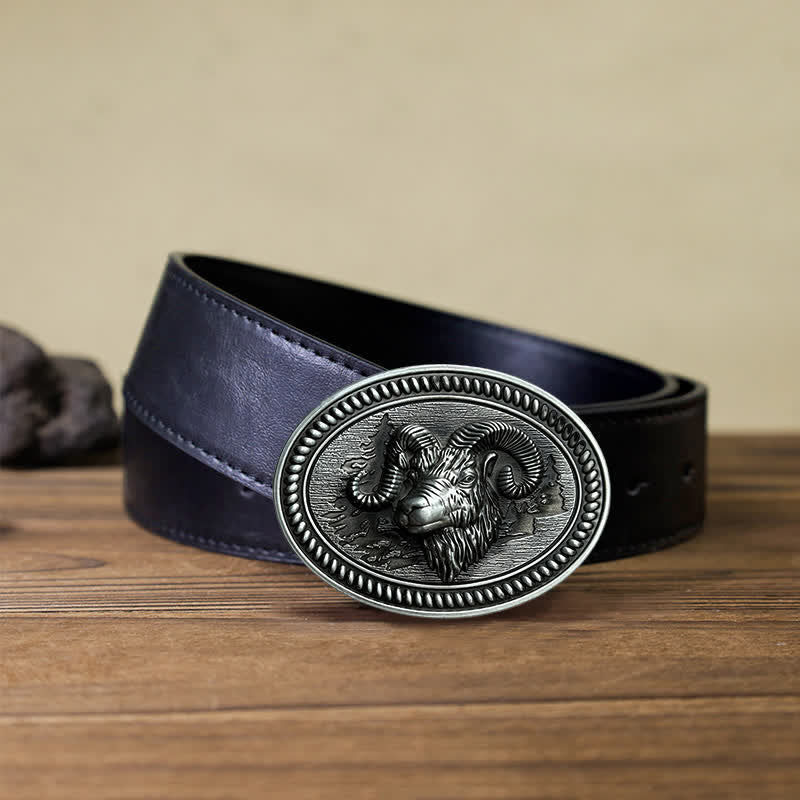 Ceinture en cuir à boucle western pour homme avec tête de chèvre et bélier