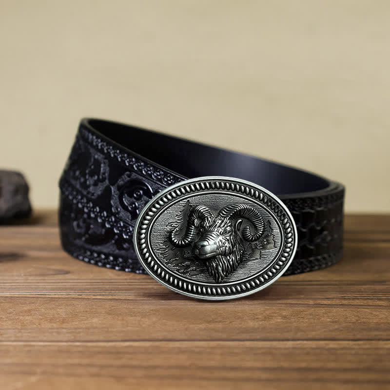 Ceinture en cuir à boucle western pour homme avec tête de chèvre et bélier