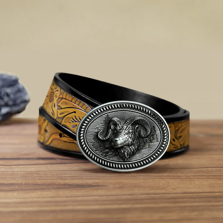 Ceinture en cuir à boucle western pour homme avec tête de chèvre et bélier