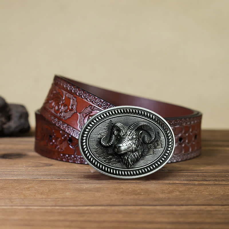 Ceinture en cuir à boucle western pour homme avec tête de chèvre et bélier