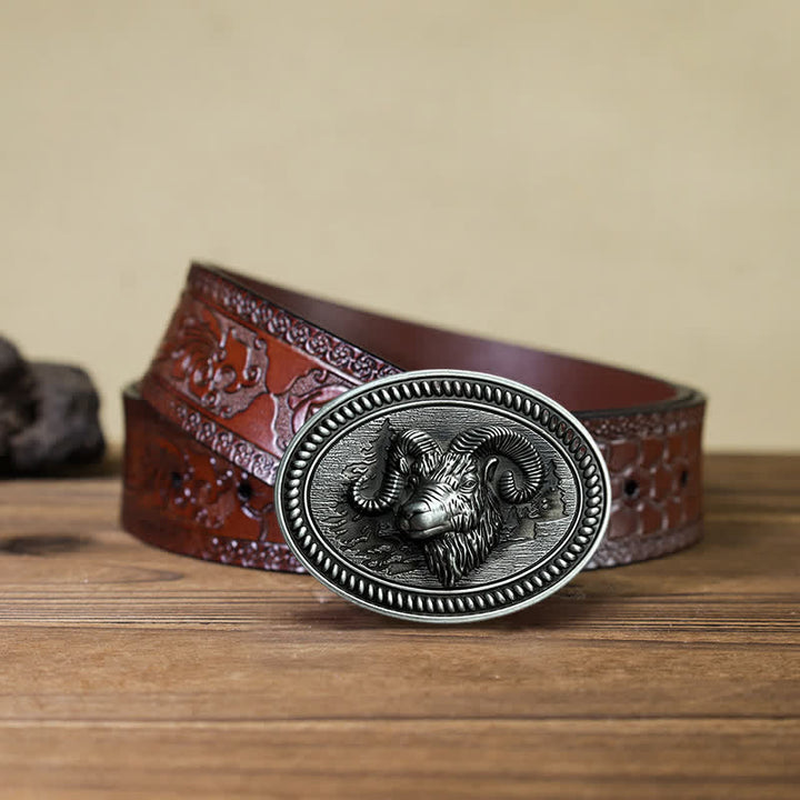 Ceinture en cuir à boucle western pour homme avec tête de chèvre et bélier