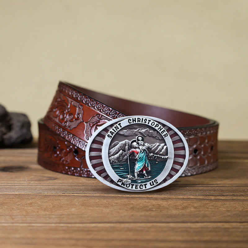 Ceinture en cuir à boucle Saint Christophe Protect Us pour homme