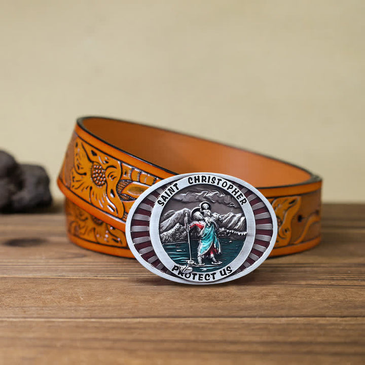 Ceinture en cuir à boucle Saint Christophe Protect Us pour homme