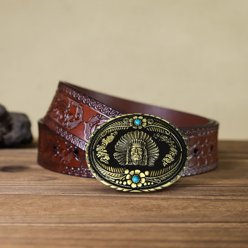 Ceinture en cuir à boucle turquoise pour homme avec motif de chef indien