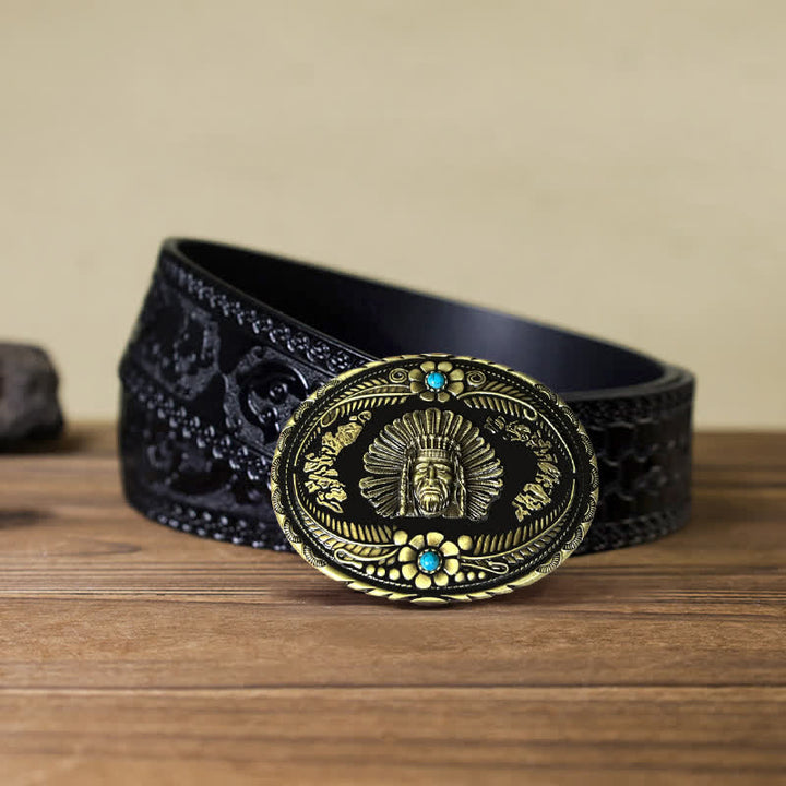Ceinture en cuir à boucle turquoise pour homme avec motif de chef indien