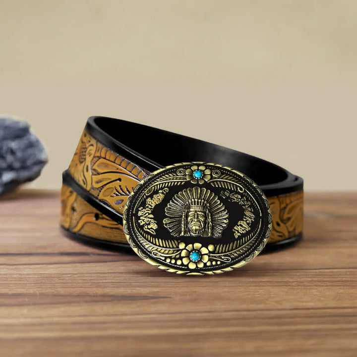 Ceinture en cuir à boucle turquoise pour homme avec motif de chef indien