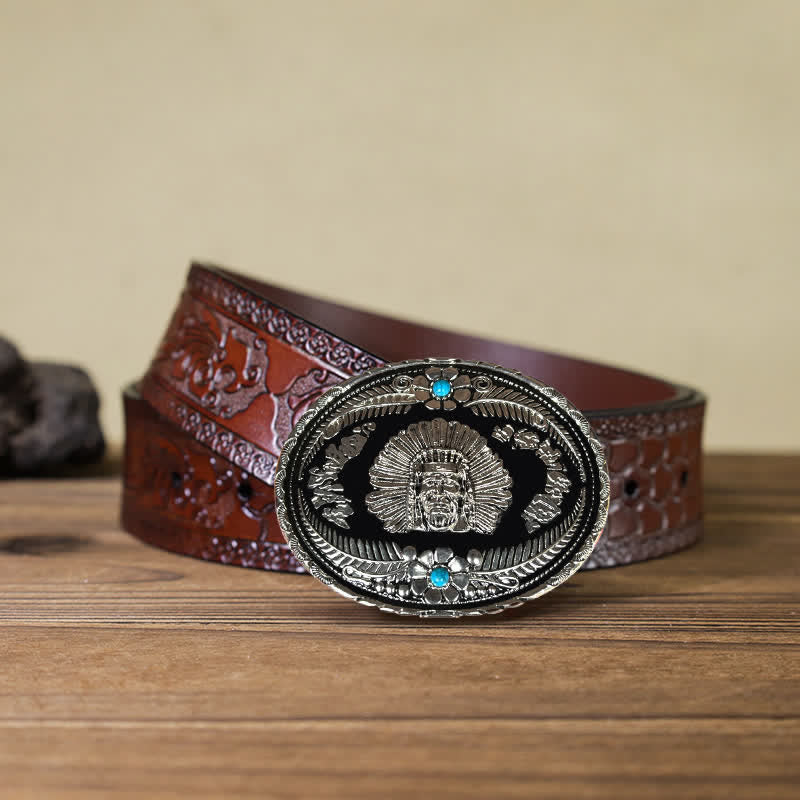 Ceinture en cuir à boucle turquoise pour homme avec motif de chef indien