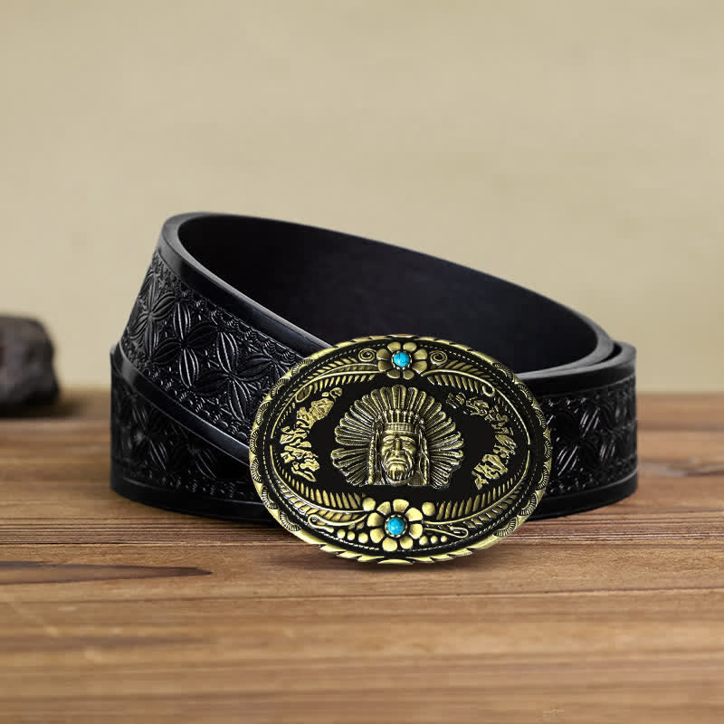 Ceinture en cuir à boucle turquoise pour homme avec motif de chef indien