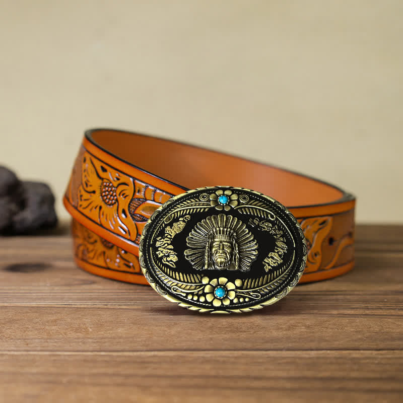 Ceinture en cuir à boucle turquoise pour homme avec motif de chef indien