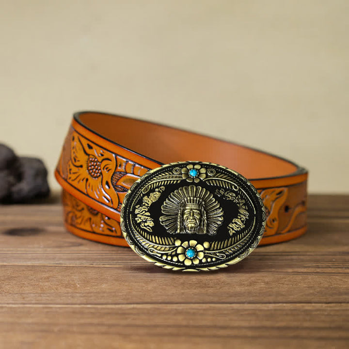 Ceinture en cuir à boucle turquoise pour homme avec motif de chef indien