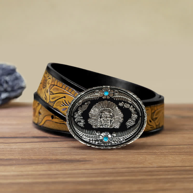 Ceinture en cuir à boucle turquoise pour homme avec motif de chef indien