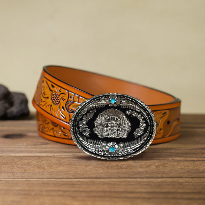Ceinture en cuir à boucle turquoise pour homme avec motif de chef indien