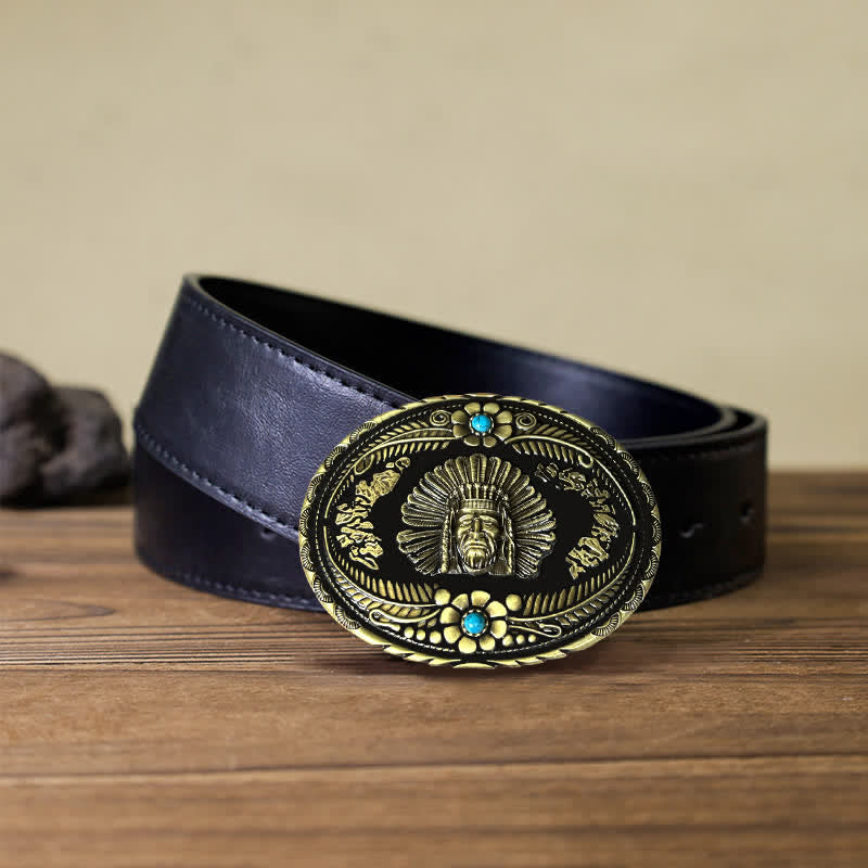 Ceinture en cuir à boucle turquoise pour homme avec motif de chef indien