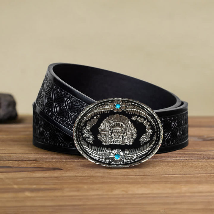 Ceinture en cuir à boucle turquoise pour homme avec motif de chef indien