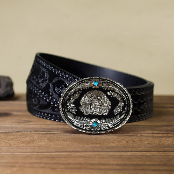 Ceinture en cuir à boucle turquoise pour homme avec motif de chef indien