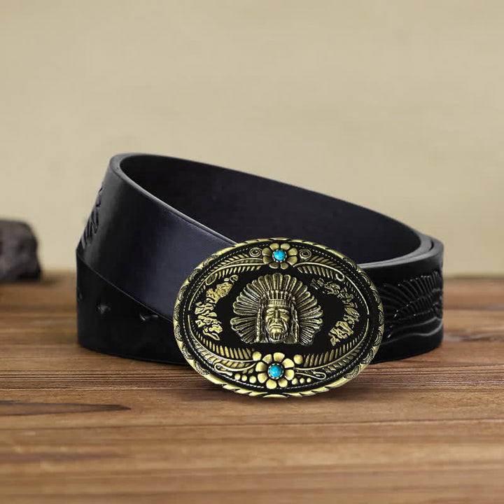 Ceinture en cuir à boucle turquoise pour homme avec motif de chef indien