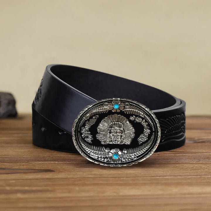 Ceinture en cuir à boucle turquoise pour homme avec motif de chef indien