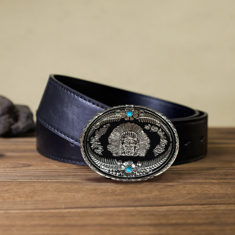 Ceinture en cuir à boucle turquoise pour homme avec motif de chef indien