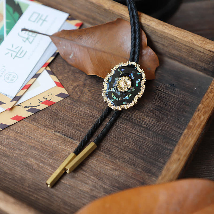Cravate bolo à motif tournesol doré de style vintage