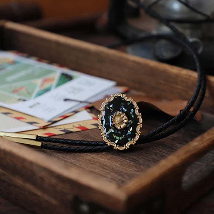 Cravate bolo à motif tournesol doré de style vintage