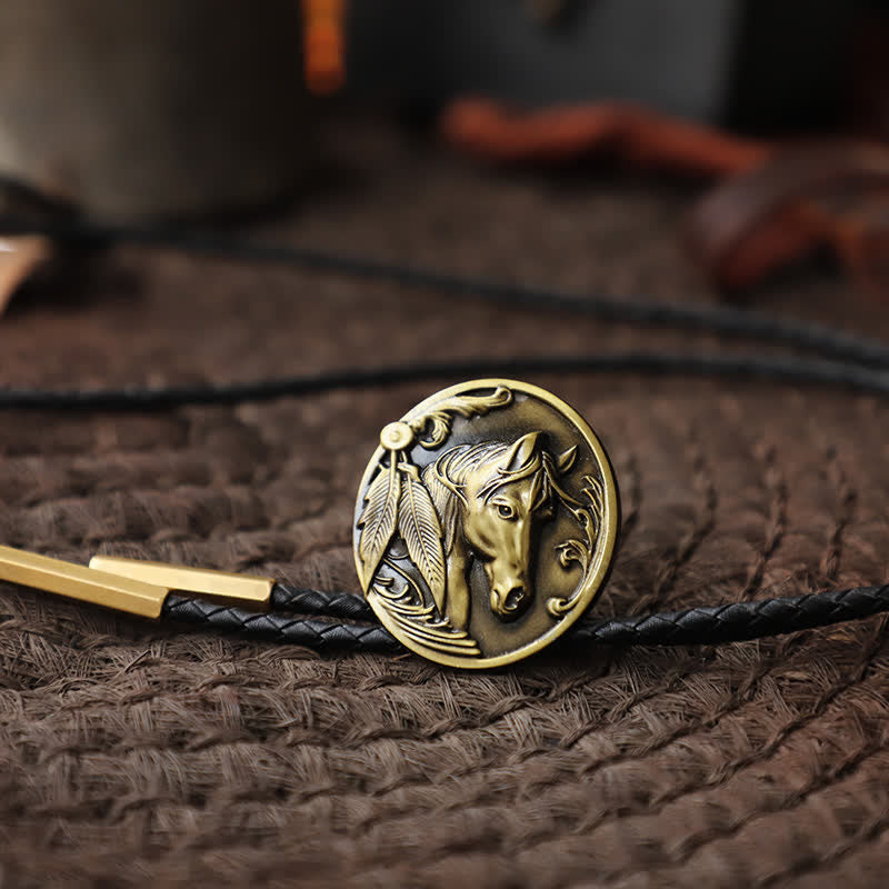 Cravate Bolo en relief avec tête de cheval - Or antique - Cuir PU - image 5
