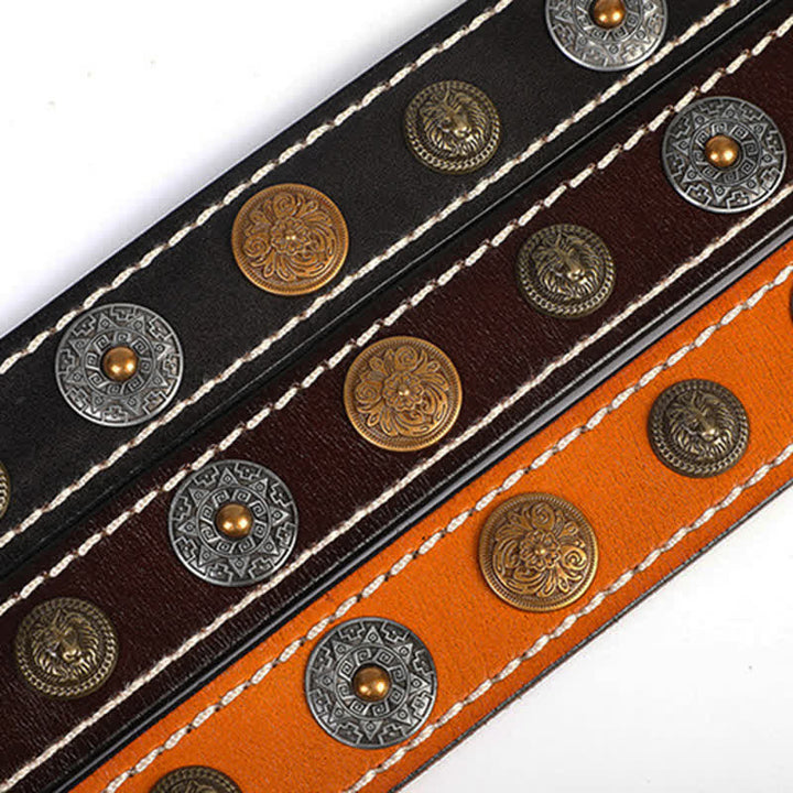 Ceinture en cuir à rivets ethniques pour hommes avec motif de fleurs sculptées et tête de lion