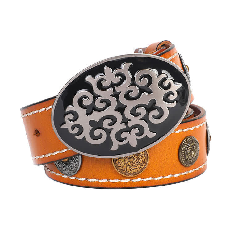 Ceinture en cuir à rivets ethniques pour hommes avec motif de fleurs sculptées et tête de lion