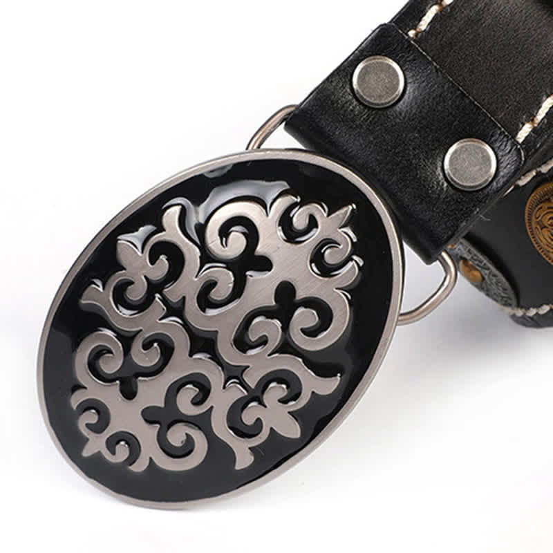 Ceinture en cuir à rivets ethniques pour hommes avec motif de fleurs sculptées et tête de lion