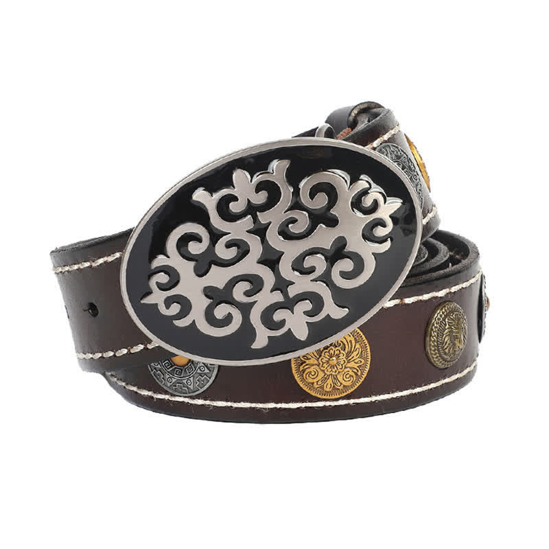 Ceinture en cuir à rivets ethniques pour hommes avec motif de fleurs sculptées et tête de lion