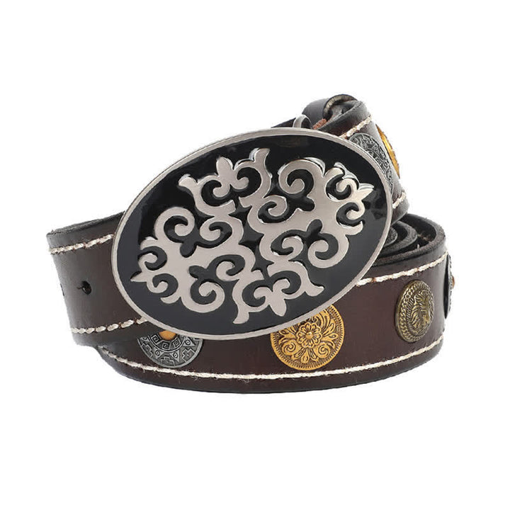 Ceinture en cuir à rivets ethniques pour hommes avec motif de fleurs sculptées et tête de lion