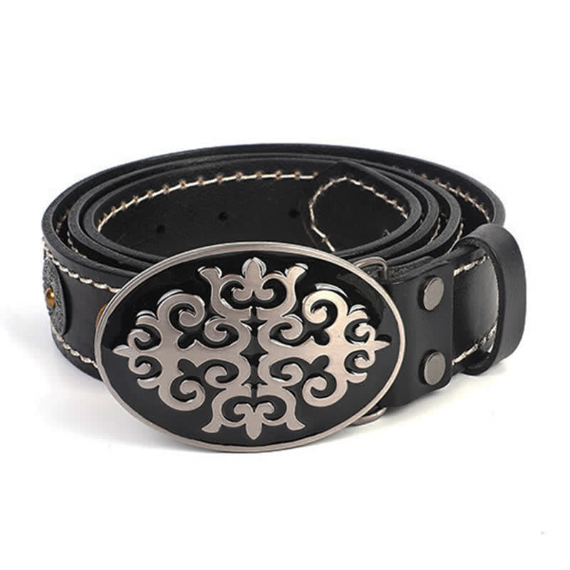 Ceinture en cuir à rivets ethniques pour hommes avec motif de fleurs sculptées et tête de lion