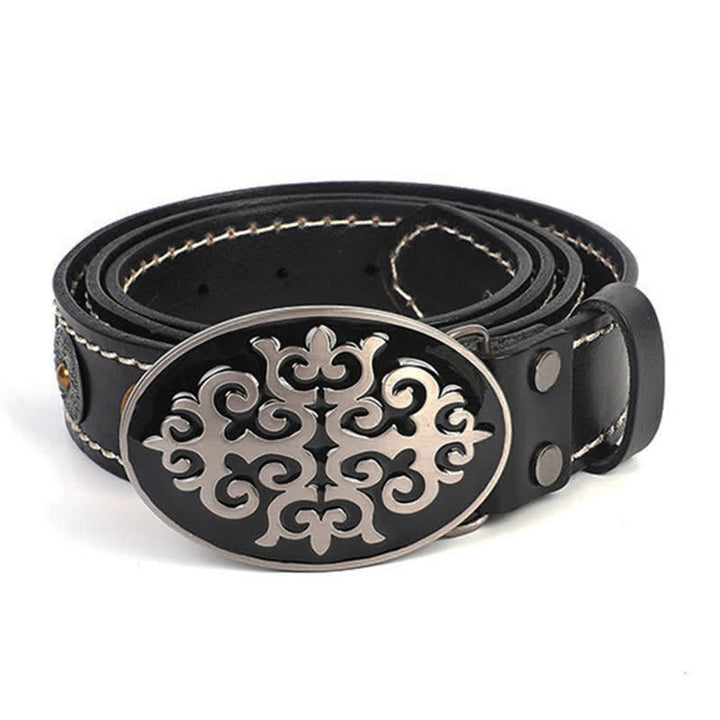 Ceinture en cuir à rivets ethniques pour hommes avec motif de fleurs sculptées et tête de lion