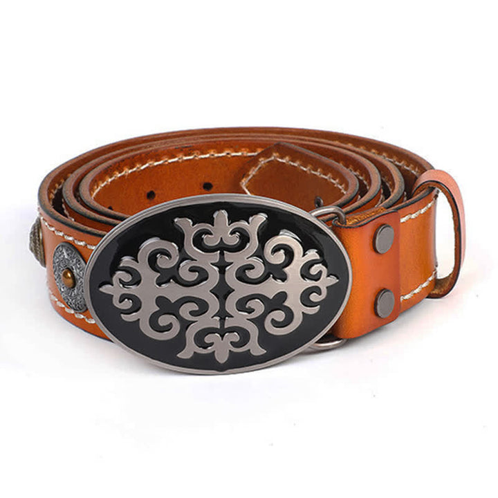 Ceinture en cuir à rivets ethniques pour hommes avec motif de fleurs sculptées et tête de lion