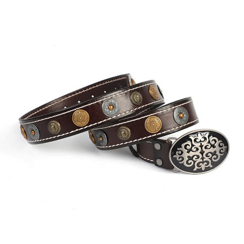Ceinture en cuir à rivets ethniques pour hommes avec motif de fleurs sculptées et tête de lion