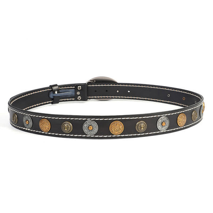 Ceinture en cuir à rivets ethniques pour hommes avec motif de fleurs sculptées et tête de lion