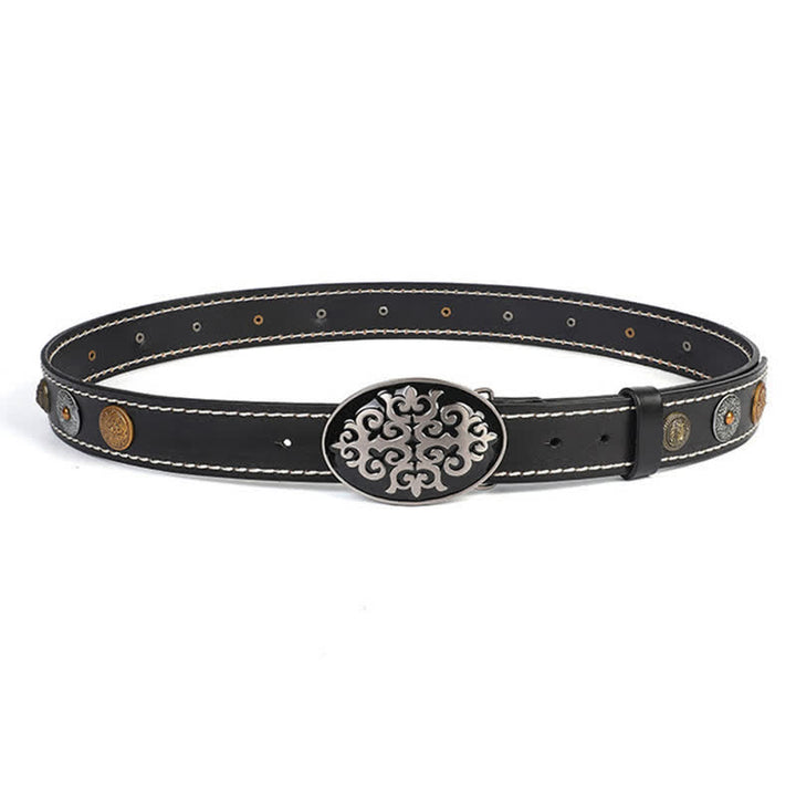 Ceinture en cuir à rivets ethniques pour hommes avec motif de fleurs sculptées et tête de lion
