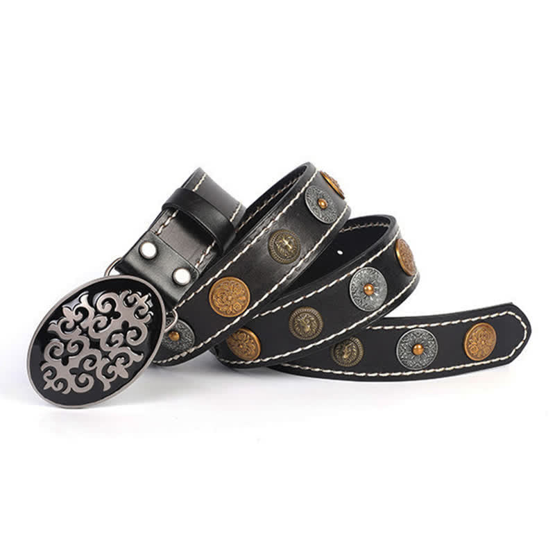Ceinture en cuir à rivets ethniques pour hommes avec motif de fleurs sculptées et tête de lion