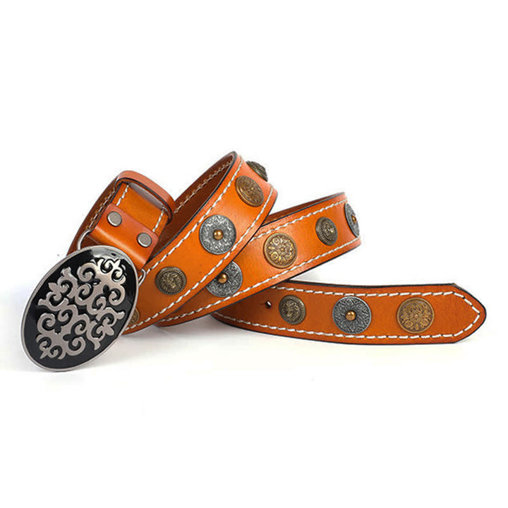 Ceinture en cuir à rivets ethniques pour hommes avec motif de fleurs sculptées et tête de lion