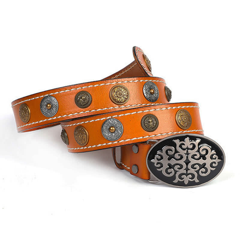 Ceinture en cuir à rivets ethniques pour hommes avec motif de fleurs sculptées et tête de lion
