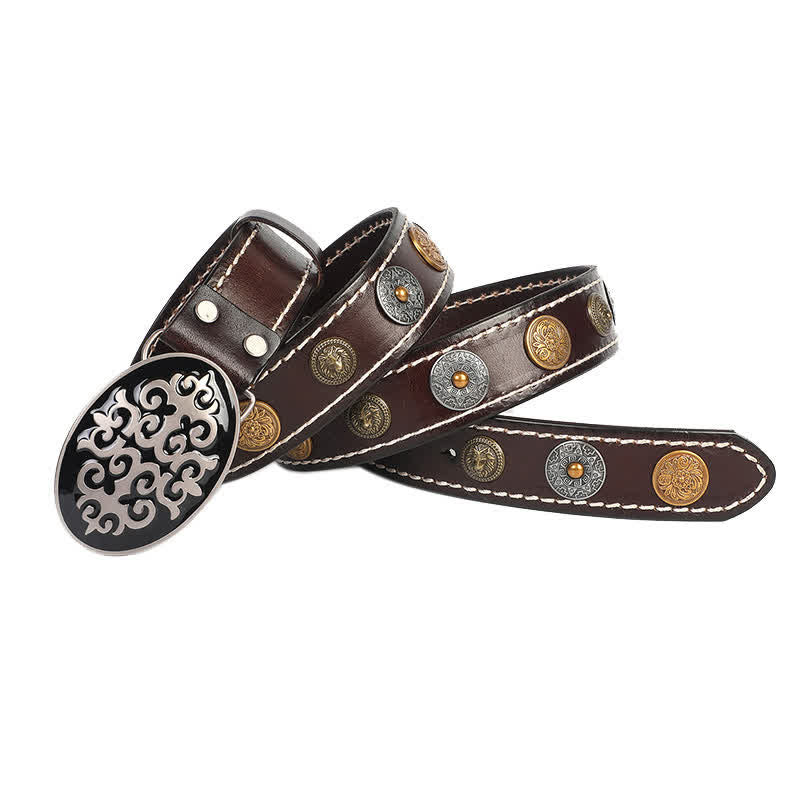Ceinture en cuir à rivets ethniques pour hommes avec motif de fleurs sculptées et tête de lion