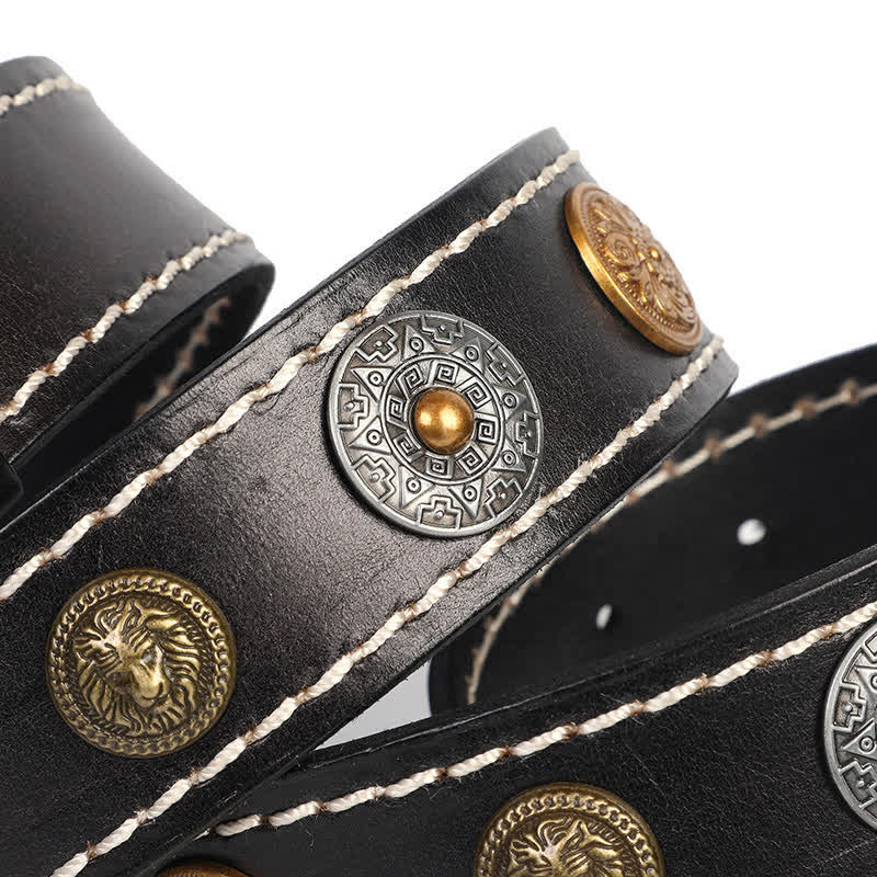 Ceinture en cuir à rivets ethniques pour hommes avec motif de fleurs sculptées et tête de lion