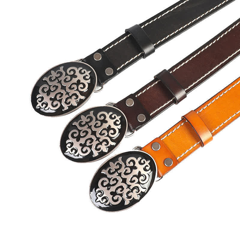 Ceinture en cuir à rivets ethniques pour hommes avec motif de fleurs sculptées et tête de lion