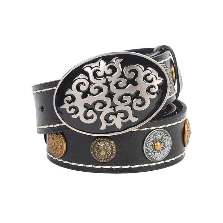 Ceinture en cuir à rivets ethniques pour hommes avec motif de fleurs sculptées et tête de lion
