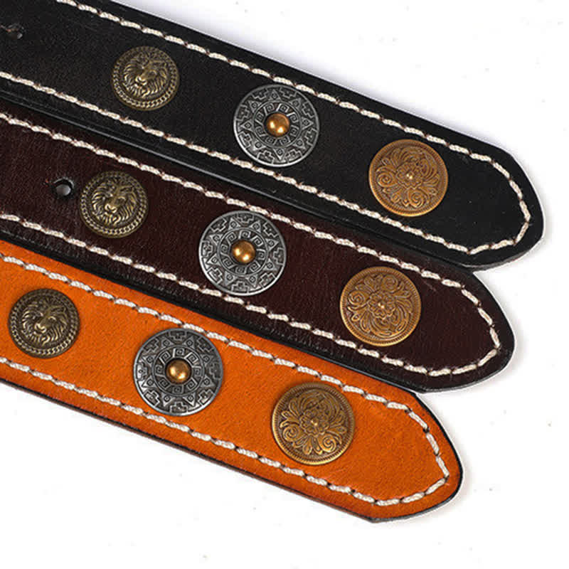 Ceinture en cuir à rivets ethniques pour hommes avec motif de fleurs sculptées et tête de lion
