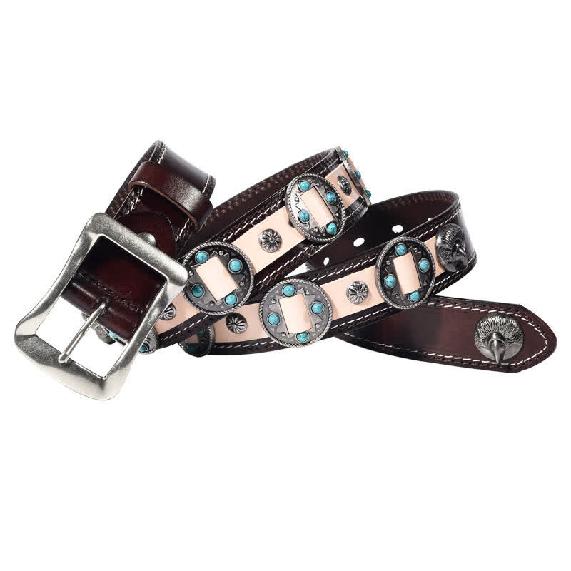 Ceinture en cuir cloutée à motif floral incrusté turquoise pour homme